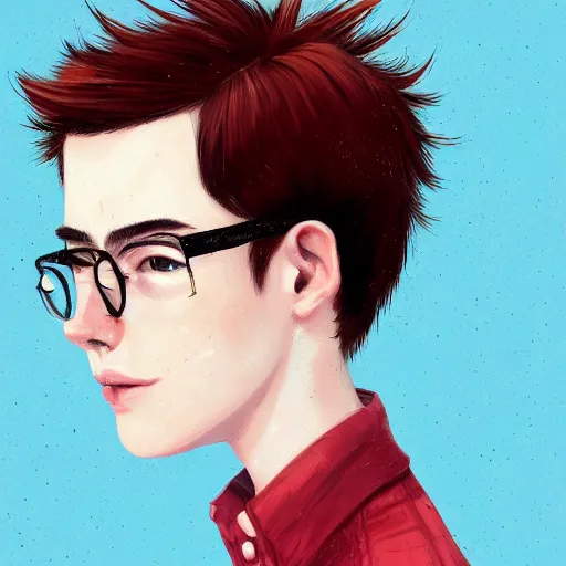 Prompt: portrait of a thin teen boy with freckles with red hair wearing horn - rimmed glasses, intricate, elegant, highly detailed, digital painting, artstation, concept art, sharp focus, illustration