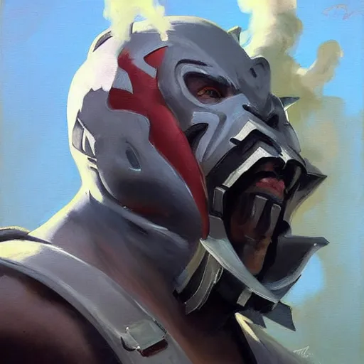 Image similar to greg manchess portrait painting of smoke from mortal kombat as overwatch character, medium shot, asymmetrical, profile picture, organic painting, sunny day, matte painting, bold shapes, hard edges, street art, trending on artstation, by huang guangjian and gil elvgren and jesper ejsing