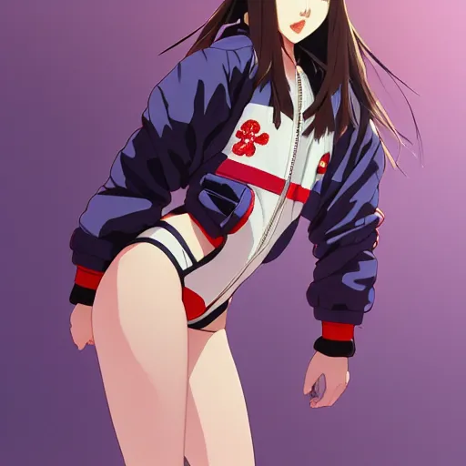 Image similar to a beautiful japanese natalie portman gravure model, wearing oversized native designer bomber jacket and leotard with overalls, bulky poofy bomber jacket with mesoamerican patterns, mesoamerican native street fashion, gapmoe yandere grimdark, trending on pixiv fanbox, painted by greg rutkowski makoto shinkai takashi takeuchi studio ghibli, akihiko yoshida