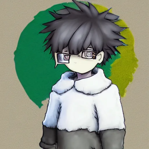 Image similar to little boy wearing sheep suit. white, gray, blue, green and brown pallet color. made in abyss art style, inspired in chris from deltarrune, high details