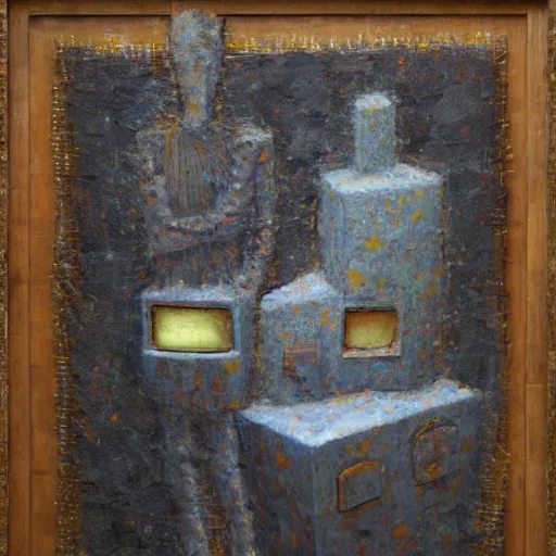 Prompt: a detailed impasto painting by shaun tan and sue williams of an abstract forgotten sculpture by the caretaker and ivan seal