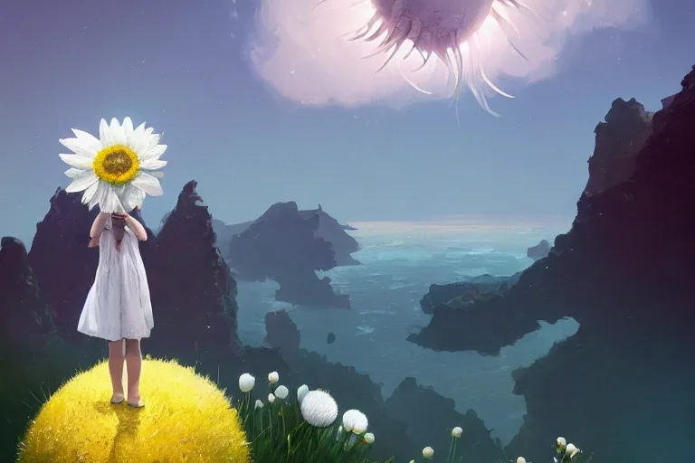 Prompt: giant white daisy flower as face, girl jumping on cliff, surreal photography, solar eclipse, milky way, dramatic light, impressionist painting, clouds, digital painting, artstation, james gilleard, liam wong, jeremy mann, simon stalenhag