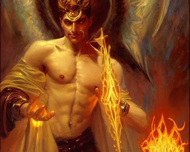 Image similar to attractive male deity, casting demonic magic, summoning handsome lucifer morning star. highly detailed painting by gaston bussiere, craig mullins, j. c. leyendecker 8 k