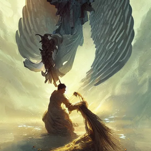 Image similar to angel protecting man, detailed intricate ink illustration, happy atmosphere, detailed illustration, hd, 4k, digital art, overdetailed art, by greg rutkowski, by loish, complementing colors, Trending on artstation, deviantart