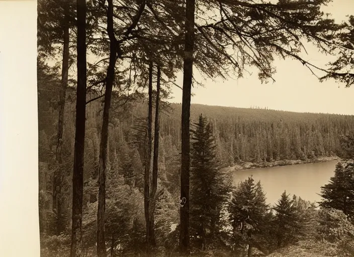 Prompt: Overlook of a river and dry bluffs covered in pine trees, albumen silver print by Timothy H. O'Sullivan.