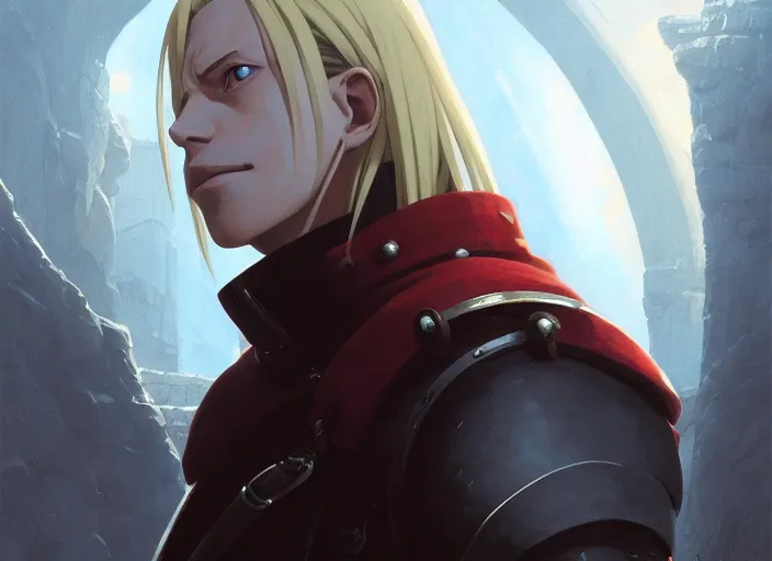 Image similar to highly detailed portrait of elric edward, in fullmetal alchemist, stephen bliss, 8 k, unreal engine, fantasy art by greg rutkowski, loish, rhads, ferdinand knab, makoto shinkai and lois van baarle, ilya kuvshinov, rossdraws, tom bagshaw, global illumination, radiant light, detailed and intricate environment