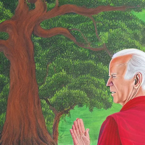 Image similar to joe biden meditates under the bodhi tree, tempera on wood