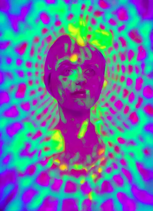 Prompt: female ascending, psychedelic third eye, radiant glowing aura, minimal, motion blur, film grain, cinematic lighting, experimental film, shot on 1 6 mm, luminol light