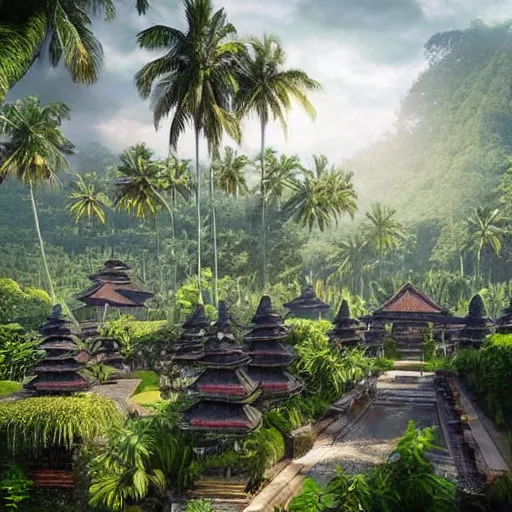 Image similar to A beautiful, perfect, impressive, amazing concept art digital CG painting of a place in Bali, trending on ArtStation, Unreal Engine