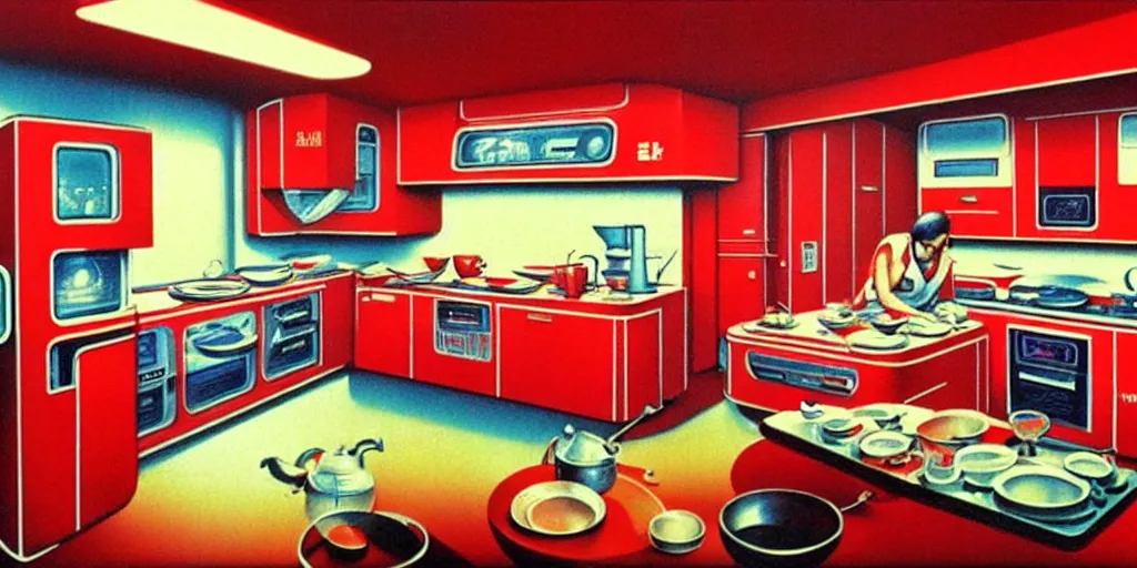 Prompt: soviet retro - futuristic kitchen by drew struzan