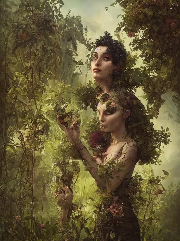 Image similar to a solarpunk portrait of a gorgeous gardener with a dirt-smeared face, award-winning, masterpiece, in the style of Tom Bagshaw, Cedric Peyravernay, Peter Mohrbacher