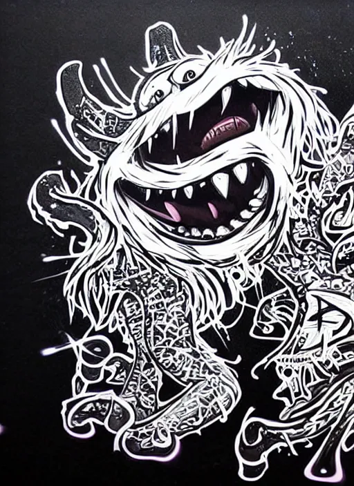 Prompt: beautiful graffiti monsters on black background paper