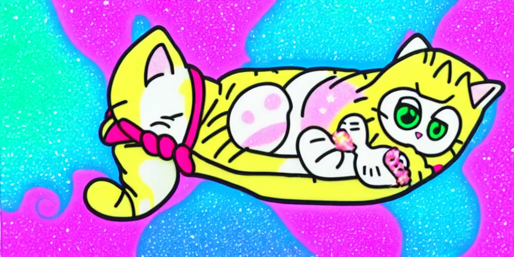 Prompt: a cat burrito, puffy sticker, glitter sticker, kawaii by studio ghibli, by lisa frank 8 k pastel colours, neon colours, fluorescent colours,