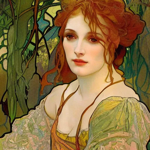 Prompt: X a renaissance painting of a beautiful female with a beautiful face by Alfons Mucha, full body, sitting in a forest, super high detail, gold jewelry, jugendstil, 4k, bright color scheme