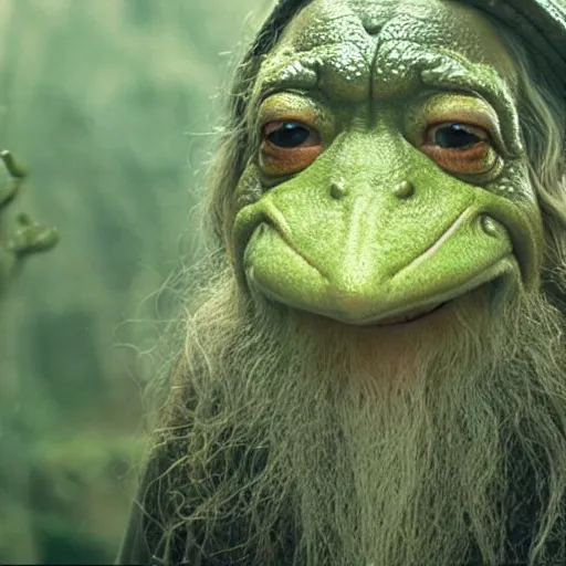 Image similar to gandalf as a frog, lord of the rings, movie film still, 4 k, cinematic, beautiful light