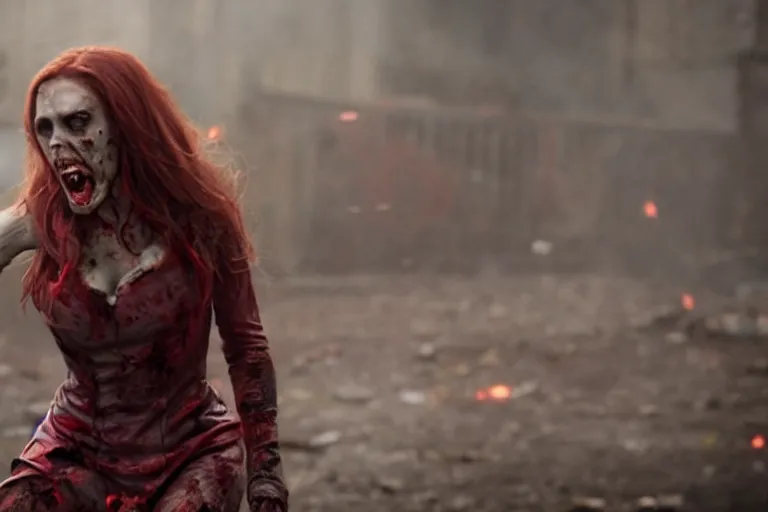 Image similar to film still of zombie zombie Scarlet Witch as a zombie in new avengers movie, 4k