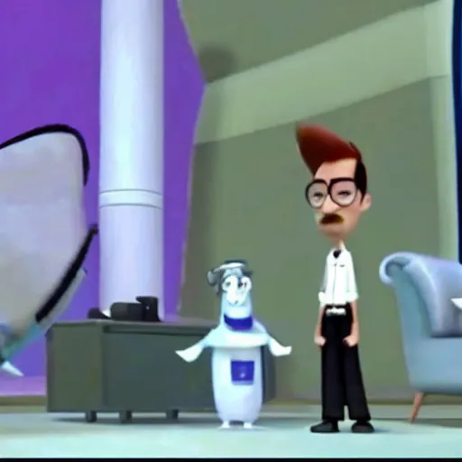 Prompt: A screenshot of Walter White in Meet The Robinsons (2007) low quality, vhs quality, recording on phone