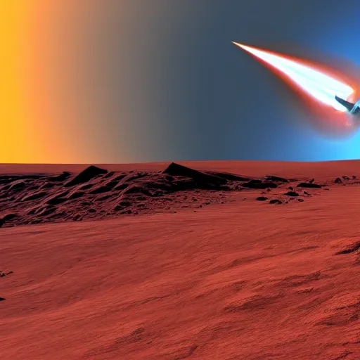 Image similar to starship crashes upon the red planet, sun bursts