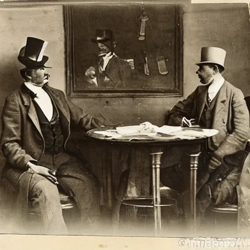 Image similar to paris at early 2 0 th century. two gentlemen with top hats are having a coffee around a table at river seine ´ s bank. the two gentlemen are watching a painter at the banks on river seine, where he is painting something on a canvas. the painter is ewan mcgregor