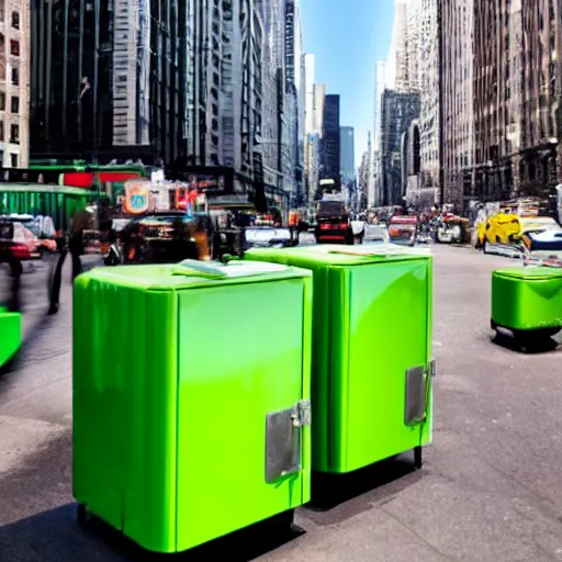 Image similar to green refrigerator flying, floating, hovering above new york city