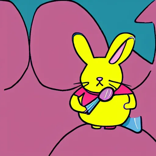 Prompt: an illustration with flat colors of a pink rabbit wearing a yellow t-shirt and blue trousers