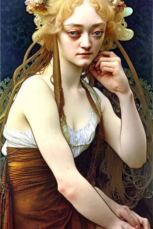 Prompt: realistic detailed full portrait of 1700s Dakota Fanning by Alphonse Mucha, Ayami Kojima, Amano, Charlie Bowater, Greg Hildebrandt, Jean Delville