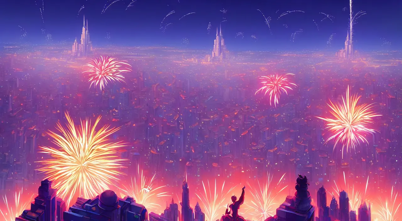 Prompt: fireworks above world - class city during new year's, in marble incrusted of legends official fanart behance hd by jesper ejsing, by rhads, makoto shinkai and lois van baarle, ilya kuvshinov, rossdraws global illumination