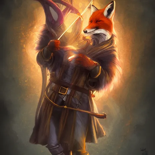 Image similar to the fox magician cast a thunder spell with his staff, artstation