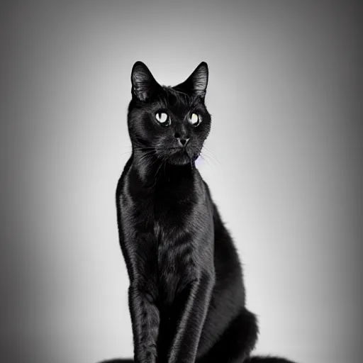 Prompt: studio photograph of a highly intelligent black cat sitting in a white room