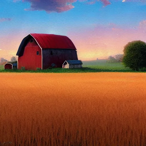 Prompt: a beautiful wheat field with a barn, with beautiful large fluffy pink clouds illuminated by the sun, in the style of craig mullins