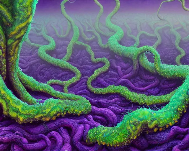 Image similar to A wall of oily, tentacled purple roots that rose up from the earth, forming a dome over a hundred feet in height, and which intersected across the road as if it were a natural formation. wide-angle lens effect, creeper, low-poly, cinematic. 16k render. Impressionist painting style. Matte painting, hyperrealistic, photorealism, detailed. HDR lighting. Widescreen format, HDR. Film grain. Wide screen format, HDR.