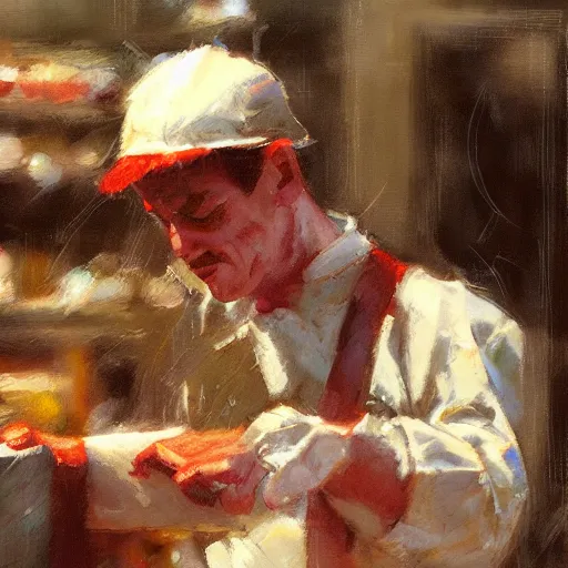 Prompt: low angle of the butcher's, closeup of a butcher working, artwork by craig mullins