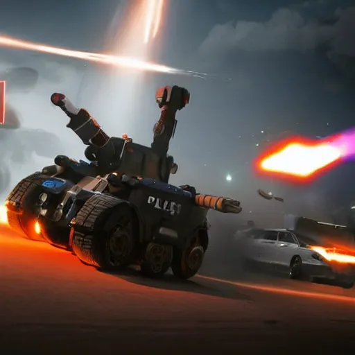 Prompt: Giant police mech fires rockets at fleeing sports car, color, cinematic lighting, highly detailed, octane render