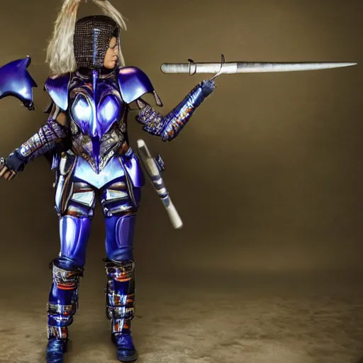 Image similar to photo of a female warrior with galaxy colored armour and weapons