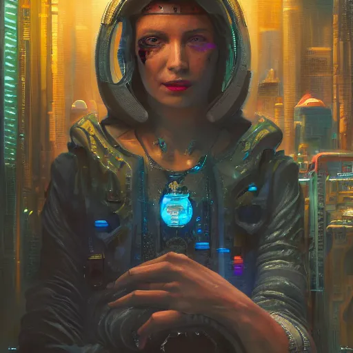 Prompt: cyberpunk sorcerer in her lair, hyper - detailed, oil painting, 8 k,