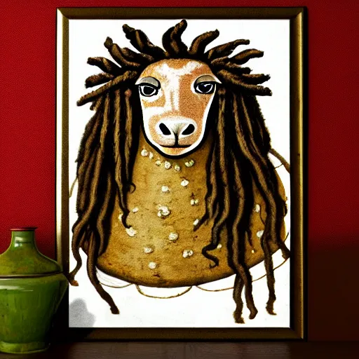 Image similar to a funny medieval wall painting of a rastafarian sheep with dreadlocks, highly detailed, trending on artstation