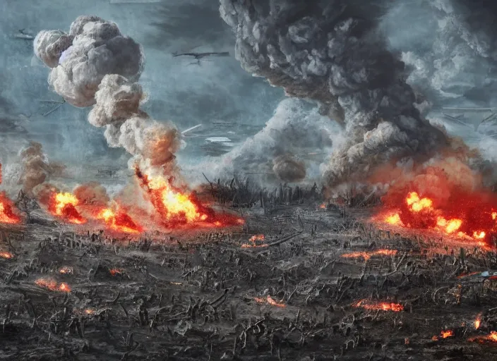 Prompt: War, destruction, nukes, nuclear bomb, bombs, planes, explosions, fire, fallout, radioactive, mushroom cloud, huge battlefield, large scale battle, infantry, trending on art station, 8k