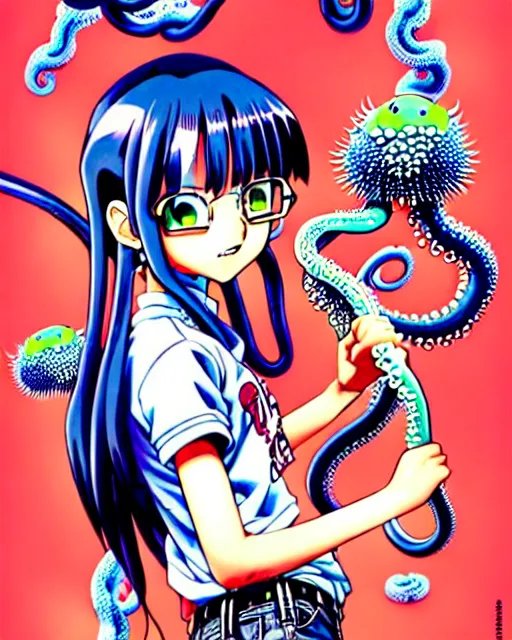 Image similar to a richly detailed color  illustration depicting a pretty teenage girl as a cute prep highschool student surrounded by slimy tentacles. 3D shadowing effect, ultra ornate detail. masterfully illustrated by Akira Toriyama and Mina Petrovic and Range Murata.