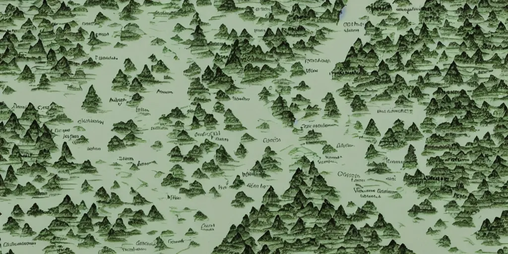 Image similar to A photo of a detailed handwritten map of a forest with rivers and a mountain