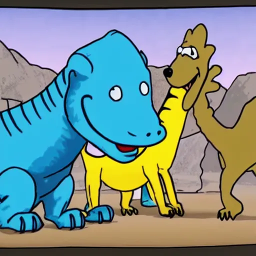 Prompt: bluey heeler dog meeting a dinosaur cartoon