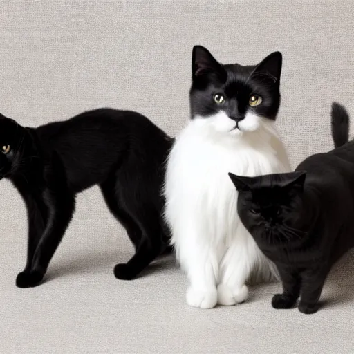 Prompt: a black cat and a White cat and a Maltese dog