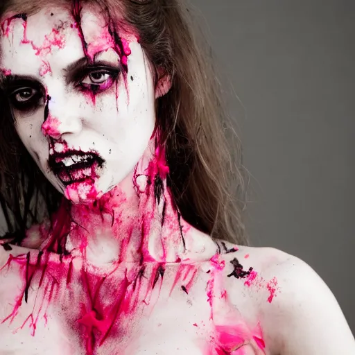 Image similar to a dirty grungy zombie girl wearing pink lace victoria secret, studio portrait,