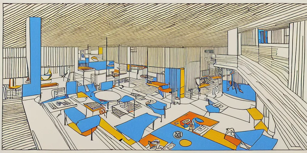 Image similar to modernist interior, seen from above, by René Laloux, line brush, minimal line drawing, full colour, coloured background