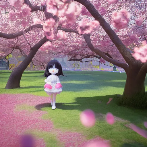 Image similar to cute fumo plush of a girl in the middle of a cherry blossom bloom, sakura, particle simulation, global illumination, vray