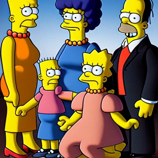 Image similar to a family portrait of the simpsons by gustave courbet, 3 d, ue 5, oil on canvas, 8 k, 4 k