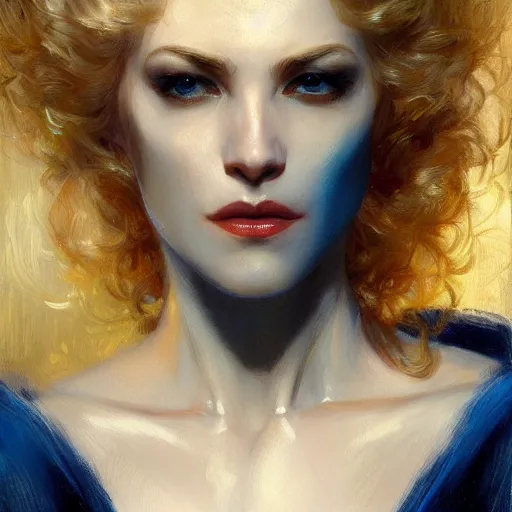 Image similar to detailed cinematic wide shot of beautiful attractive blonde vampire woman slim face symettrical face clean skin blue eyes black robe smooth, sharp focus, ultra realistic, spring light, painting by gaston bussiere, craig mullins, j. c. leyendecker