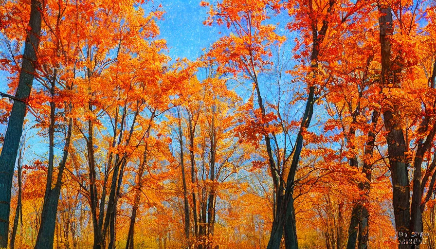 Prompt: maple trees, autumn, new jersey, northwest, farm, high quality, high detail, warm light, watercolor