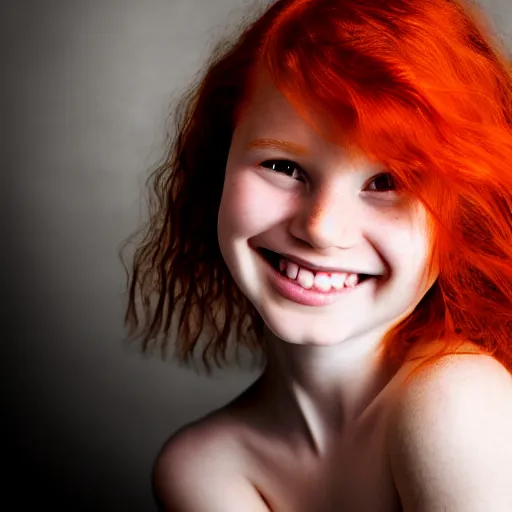 Image similar to artistic photo of a young beautiful girl with red hair looking at the camera, smiling slightly, studio lighting, award winning photo by Annie Liebowitz