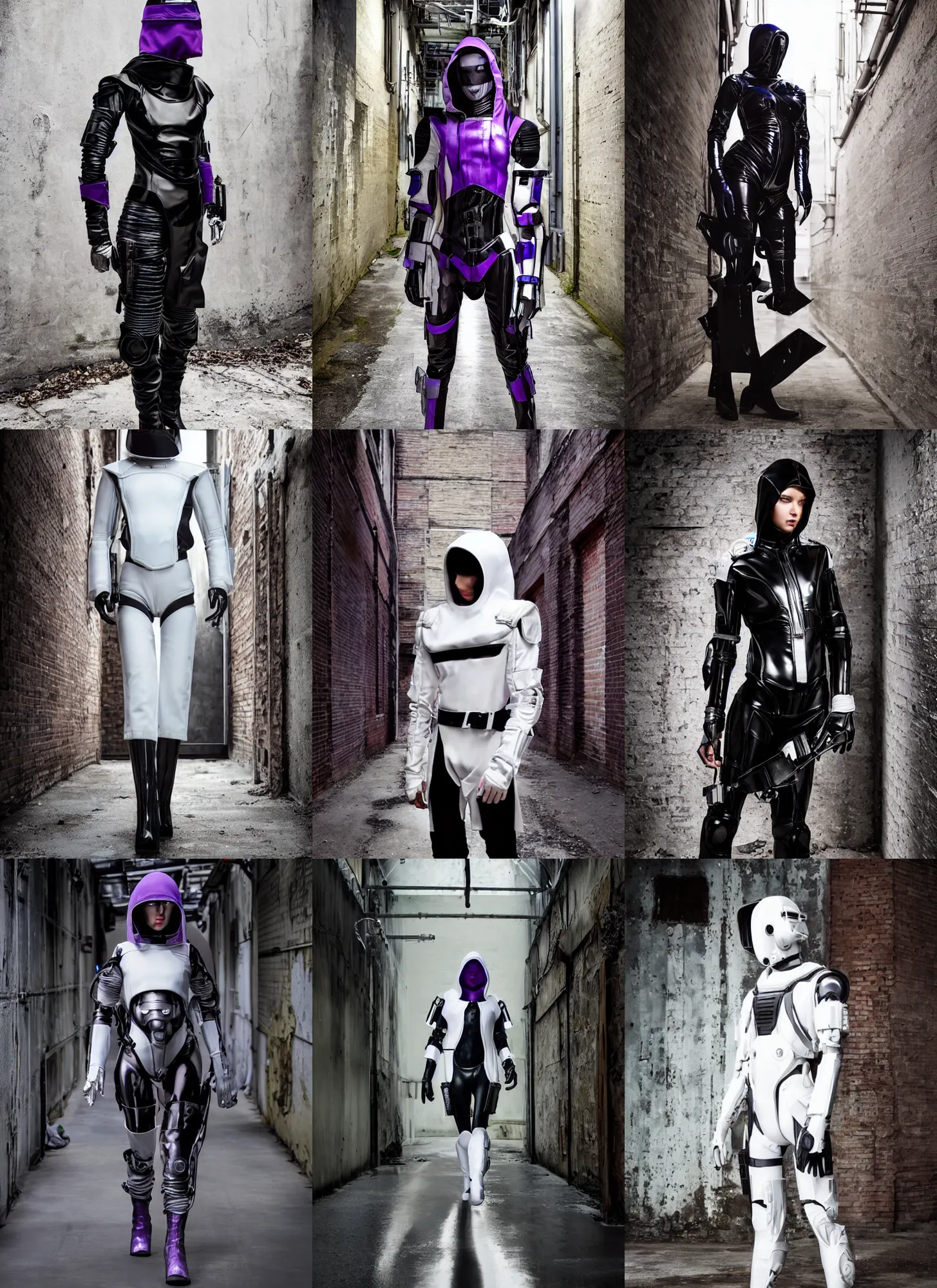 Prompt: beautiful fashion model cybo 6 with white sci - fi tactical gear, black leather garment, purple transparent sci - fi hood, full shot fashion photography, alleyway, abandoned factory, by irving penn and storm thorgerson, ren heng, peter elson