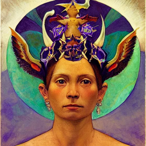 Image similar to the bone crown, the crown of wings, by Annie Swynnerton and Nicholas Roerich and Diego Rivera, bioluminescent skin, tattoos, elaborate costume, geometric ornament, symbolist, cool colors like blue and green and violet, smooth, sharp focus, extremely detailed